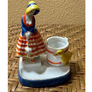 Vintage Ceramic toothpick Holder Lady And Duck Japan
